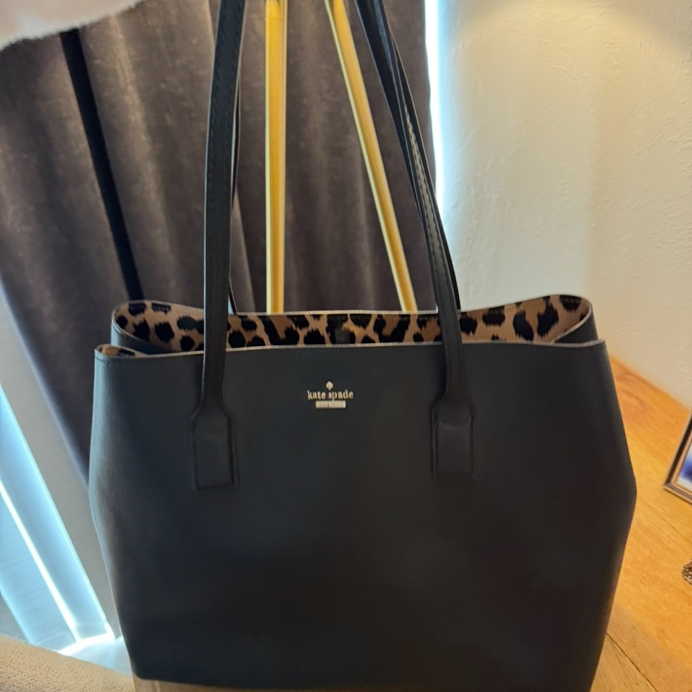 Kate Spade Black Shoulder Bag with long strap with Leopard Print Lining